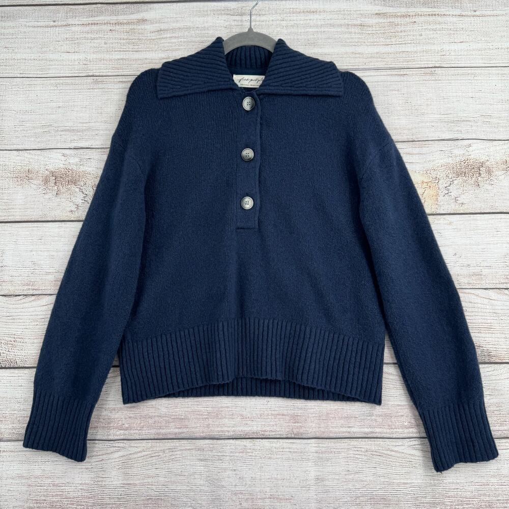 Free People 1/2 Button Long Sleeve Sweater Womens XS Navy Blue